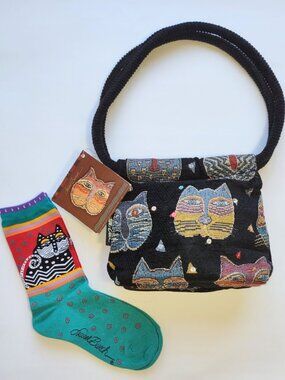 Laurel Burch Tapestry Bag & Crew Socks *BUNDLE Boho Whimsy Artsy Cats Felines